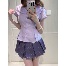 批发海盐奶盖夏季设计感纯欲辣妹风短袖<b class='q'>衬衫</b>上衣<b class='q'>波点</b>短裙春秋甜美套装