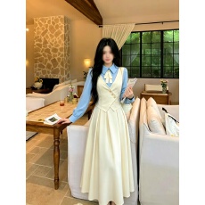 批发气质学院风假两件西装衬衫马甲收腰<b class='q'>连衣裙</b>女早秋季新款复古长裙子