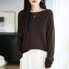 批发<b class='q'>时尚</b>外穿女秋季薄款亮片针织衫圆领套头毛衣宽松女装打底衫上衣
