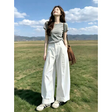 批发韩系休闲两件套女夏季2026新款灰色上衣<b class='q'>白色</b>阔腿裤慵懒风显瘦套装
