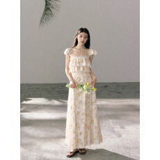 批发【微微甜】 春夏新品碎花裙提花连衣裙女夏法式度假风气质仙女裙