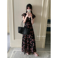 批发韩系温柔风黑紫碎花无袖<b class='q'>连衣裙</b> 荷叶边V领鱼尾摆显瘦长款