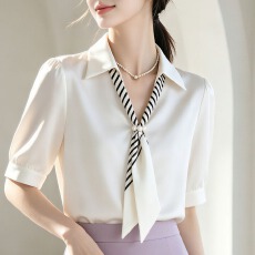 批发通勤正装飘带短袖<b class='q'>衬衫</b>女2026夏季新款缎面<b class='q'>职业</b>显瘦薄款T恤上衣
