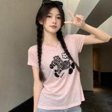 批发超好看休闲百搭印花短袖针织衫女2026夏季新款遮肉减龄薄款<b class='q'>T</b><b class='q'>恤</b>