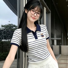 批发冰丝POLO领撞色刺绣短袖针织衫女2026夏季新款气质减龄<b class='q'>T</b><b class='q'>恤</b>上衣