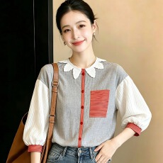 批发设计感灰白撞色长袖衫花边领灯笼袖单排扣休闲<b class='q'>文艺</b><b class='q'>范</b>上衣2026新