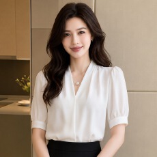 批发法式时尚V领短袖<b class='q'>衬衫</b>女2026夏季新款通气质百搭简约<b class='q'>职业</b>T恤上衣