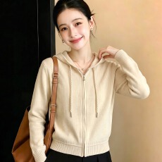批发连帽双拉链软糯长袖针织开衫女秋冬新款时尚气质休闲<b class='q'>毛衣外套</b>上衣