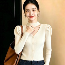 批发时尚挂脖深V领单排扣针织衫泡泡袖长袖秋冬<b class='q'>新款</b>打底百搭显瘦上衣