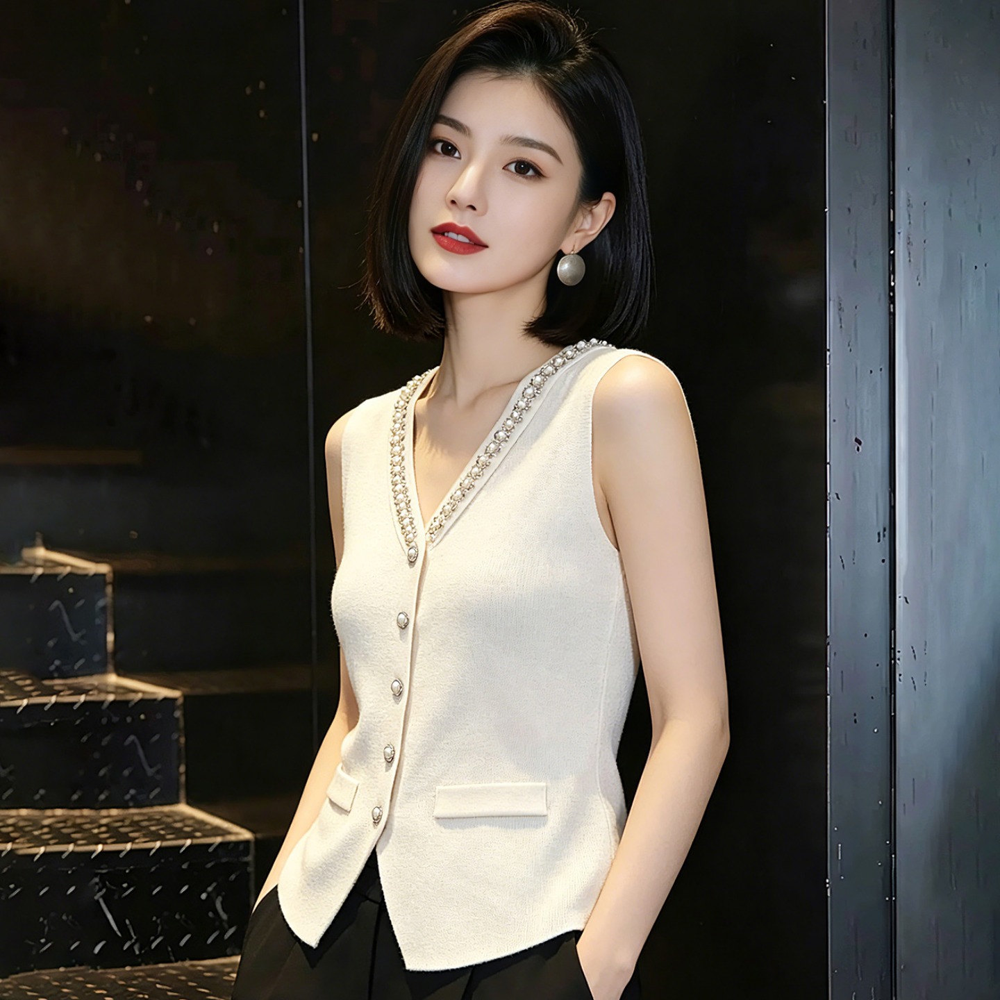 气质V领针织马甲珍珠镶边单排扣显瘦通勤无袖上衣夏季新款女装 服裝批發女裝批發服飾貨源