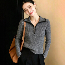 批发实拍设计感翻领半拉链长袖短款上衣2026秋冬新款打底<b class='q'>修身</b>显瘦针织