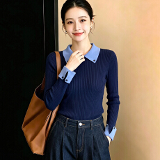 批发实拍简约翻领拼接长袖针织衫竖条纹肌理秋冬新款打底百搭显瘦女装