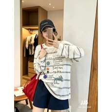 批发韩系夏薄舒适雪花棉印花条纹<b class='q'>休闲</b>防晒衫女
