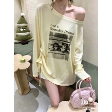 批发韩系简约侧抽绳人物圆领长袖T恤女夏宽松显瘦防晒罩衫上衣