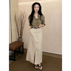 批发轻熟老钱风开叉高腰显瘦直筒裙<b class='q'>百搭</b>配腰带气质长裙