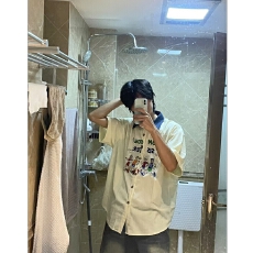 批发【原版做工 灯芯绒+牛仔领】美式学院风刺绣短袖<b class='q'>衬衫</b>男女同款情侣