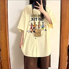 批发【原版做工 灯芯绒+牛仔领】美式学院风刺绣短袖<b class='q'>衬衫</b>男女同款情侣