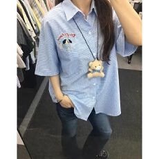 批发【原版做工面料】格子布日系格纹<b class='q'>衬衫</b>短袖<b class='q'>衬衫</b>女2026新款卡通刺绣