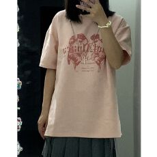 批发【原版做工面料+同款项链】粉色麂皮绒<b class='q'>短袖</b>T恤女夏学院风半袖上衣