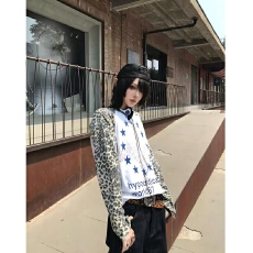 批发【原版质量 纯棉面料】美式豹纹星星插肩袖长袖<b class='q'>T</b><b class='q'>恤</b>秋季宽松上衣