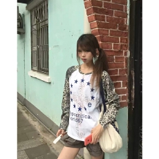 批发【原版质量 纯棉面料】美式豹纹星星插肩袖长袖<b class='q'>T</b><b class='q'>恤</b>秋季宽松上衣
