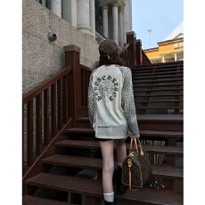 批发【原版做法 纯棉面料】梵文美式豹纹插肩长袖T恤女秋季宽松<b class='q'>街头</b>风
