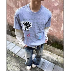 批发【原版做法 纯棉面料】贴布刺绣撞色条纹<b class='q'>长袖</b><b class='q'>T</b><b class='q'>恤</b><b class='q'>男</b>女秋宽松假两件