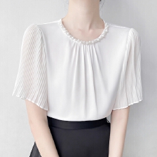 批发法式气质<b class='q'>白色</b>通勤短袖<b class='q'>衬衫</b>女 士夏季新款荷叶风琴柚垂感上衣