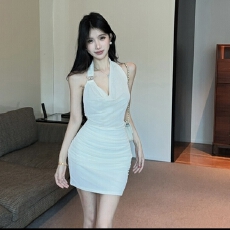 批发纯欲风荡领挂脖连衣裙女网纱褶皱收腰包 臀短裙性感辣妹紧身裙