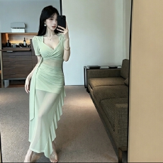 批发法式名媛时尚性感低胸网纱<b class='q'>连衣裙</b>高腰显瘦 长裙技师夜总店工作服