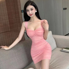 批发<b class='q'>夜店</b>修身性感褶皱低胸撒粉网纱吊带背心 褶皱打底<b class='q'>连衣裙</b>