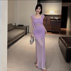 批发夜总店性感<b class='q'>连衣裙</b>减龄网纱透视开叉包臀方领露背高级晚礼服