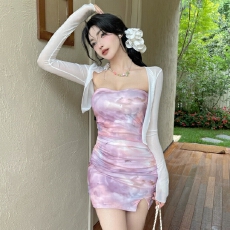 批发辣妹纯欲性感抹胸印花<b class='q'>连衣裙</b>女长袖小外套新款 夜场两件套短裙