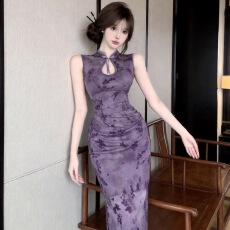 批发改良旗袍立领盘扣连衣裙无袖水墨花卉<b class='q'>网纱</b>透视褶皱收腰<b class='q'>长裙</b>