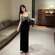 批发拼接吊带连衣裙豹纹抹胸扭结丝绒抽褶开叉修身长款<b class='q'>礼服</b>裙