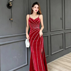 批发宴会派对鱼尾裙吊带V领设计闪钻点缀高腰开叉<b class='q'>修身</b>长礼裙