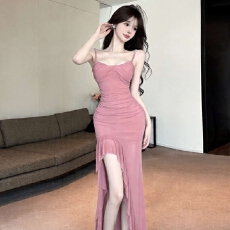 批发细吊带扭结<b class='q'>抹胸</b>长裙褶皱收腰侧边开叉荷叶边修身鱼尾<b class='q'>连衣裙</b>