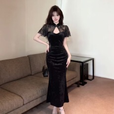 批发轻奢风鱼尾礼服裙新中式立领<b class='q'>蕾丝</b>高腰垂感显瘦改良旗袍长裙