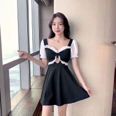 批发法式少女裙拼色泡泡袖<b class='q'>连衣裙</b>蝴蝶结镂空收腰A字短裙技师服