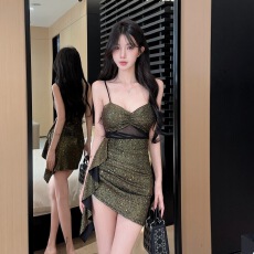 批发性感V领吊带连衣裙女镂空不规则飘带收腰显瘦包臀连衣裙
