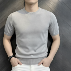 批发黑色针织短袖男款夏季冰丝收袖口t恤老钱风人夫感穿搭半袖男上衣