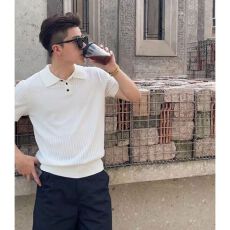 批发老钱风灰色针织冰丝短袖Polo衫男士<b class='q'>夏</b>季穿搭轻薄透气翻领半袖T恤