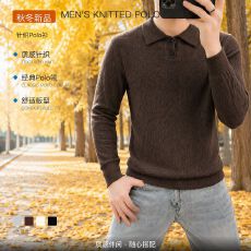 秋冬季日系休闲轻奢风翻领男polo衫简约纯色菱形百搭针织毛衣男潮