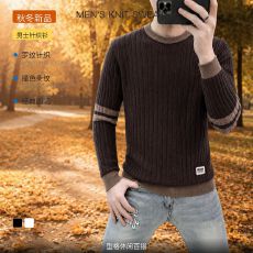 批发毛衣男款潮流撞色条纹圆领针织衫高档轻奢潮牌打底衫加厚保暖内搭