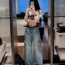 蓝色工装风多口袋阔腿牛仔裤女2026春季新款小个子高腰显瘦直筒裤