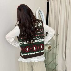 批发档口上新 复古美式针织马甲女秋<b class='q'>冬</b>新款宽松百搭印花毛衣背心上衣