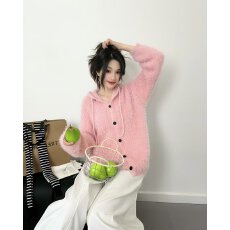 批发档口上新 2026年新款仿<b class='q'>貂绒</b>连帽针织开衫女宽松甜美毛衣