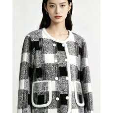 批发档口上新 2026年秋<b class='q'>冬</b>新款女装仿水貂绒格纹圆领长袖开衫外套