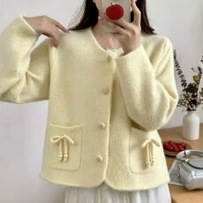 批发档口上新 2026年秋<b class='q'>冬</b>新款女装仿水貂绒圆领单排扣针织开衫毛衣