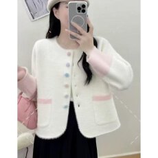 批发档口上新 2026年秋<b class='q'>冬</b>新款女士仿水貂绒圆领单排扣针织开衫毛衣